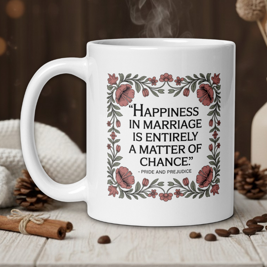 White mug with literary quote design on a wooden table with coffee beans and cinnamon sticks.