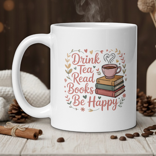 White mug with 'Drink Tea, Read Books, Be Happy' text on a wooden table with coffee beans and cinnamon sticks.
