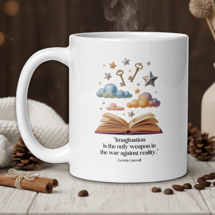 White mug with a design and quote on a wooden table with a warm background