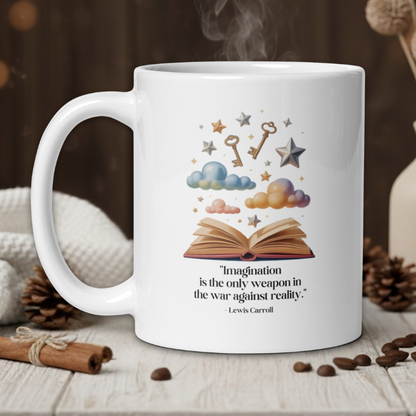 White mug with a design and quote on a wooden table with a warm background