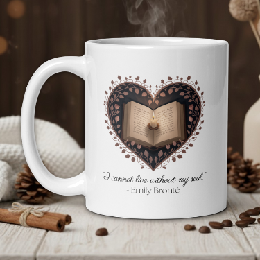 White mug with heart design and book illustration on a wooden table with coffee beans and a vase in the background.