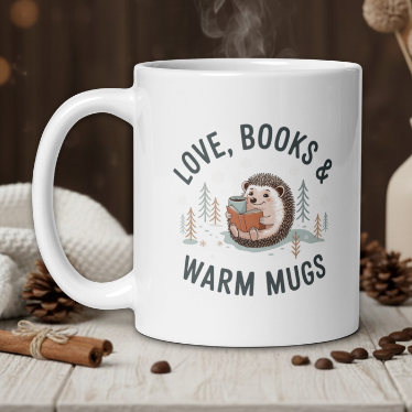 White mug with hedgehog graphic and text 'Love, Books & Warm Mugs' on a wooden table with coffee beans and a vase.