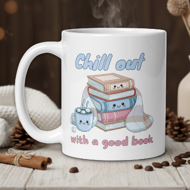White mug with 'Chill out with a good book' text and book illustration on a wooden table with coffee beans and a vase.