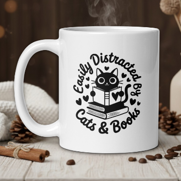 White mug with a cat and book design and text 'Easily Distracted By Cats & Books' on a wooden table with coffee beans and a vase.