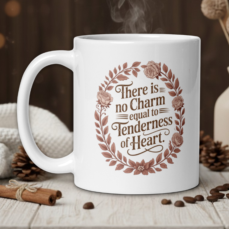 White mug with a decorative quote on a wooden table with coffee beans and a vase in the background.