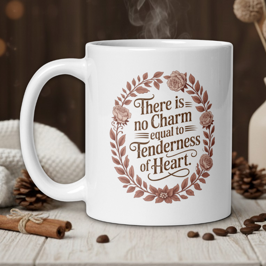 White mug with a decorative quote on a wooden table with coffee beans and a vase in the background.