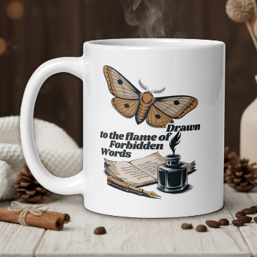 White mug with butterfly design and text on a wooden table with decorative items.