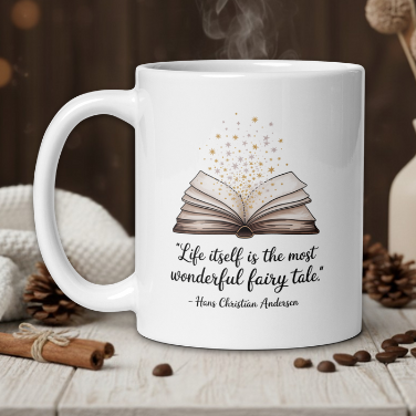 White mug with book design and quote on a wooden table with decorative items.