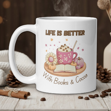 White mug with 'Life is Better with Books & Cocoa' design on a wooden table with coffee beans and a vase in the background.