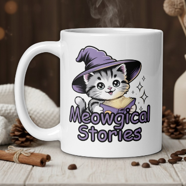White mug with a cat in a witch hat design and 'Meowgical Stories' text, on a wooden table with decorative items.