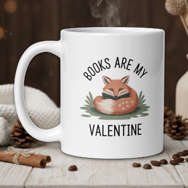 White mug with fox design and text 'Books are my Valentine' on a wooden table with coffee beans and a vase.