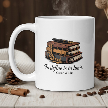 White mug with book design and quote on a wooden table with coffee beans and a vase in the background.