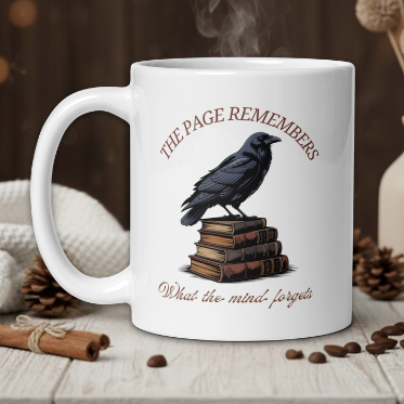 White mug with a crow design and text on a wooden table with coffee beans and a vase.