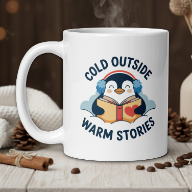 White mug with a penguin design and text 'Cold Outside Warm Stories' on a wooden table with a warm ambiance.