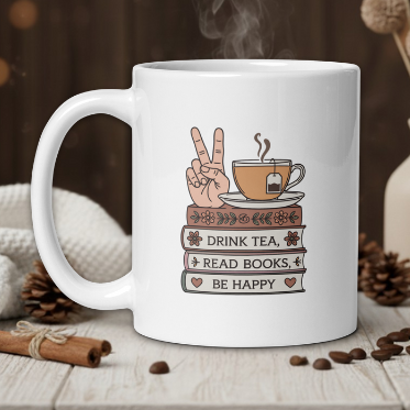 White mug with a design of a cup, books, and text on a wooden table with a warm background.