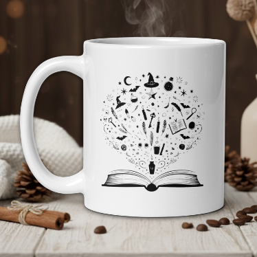 White mug with black illustrations of a book and magic symbols, steam rising, on a wooden table with coffee beans and a vase in the background.