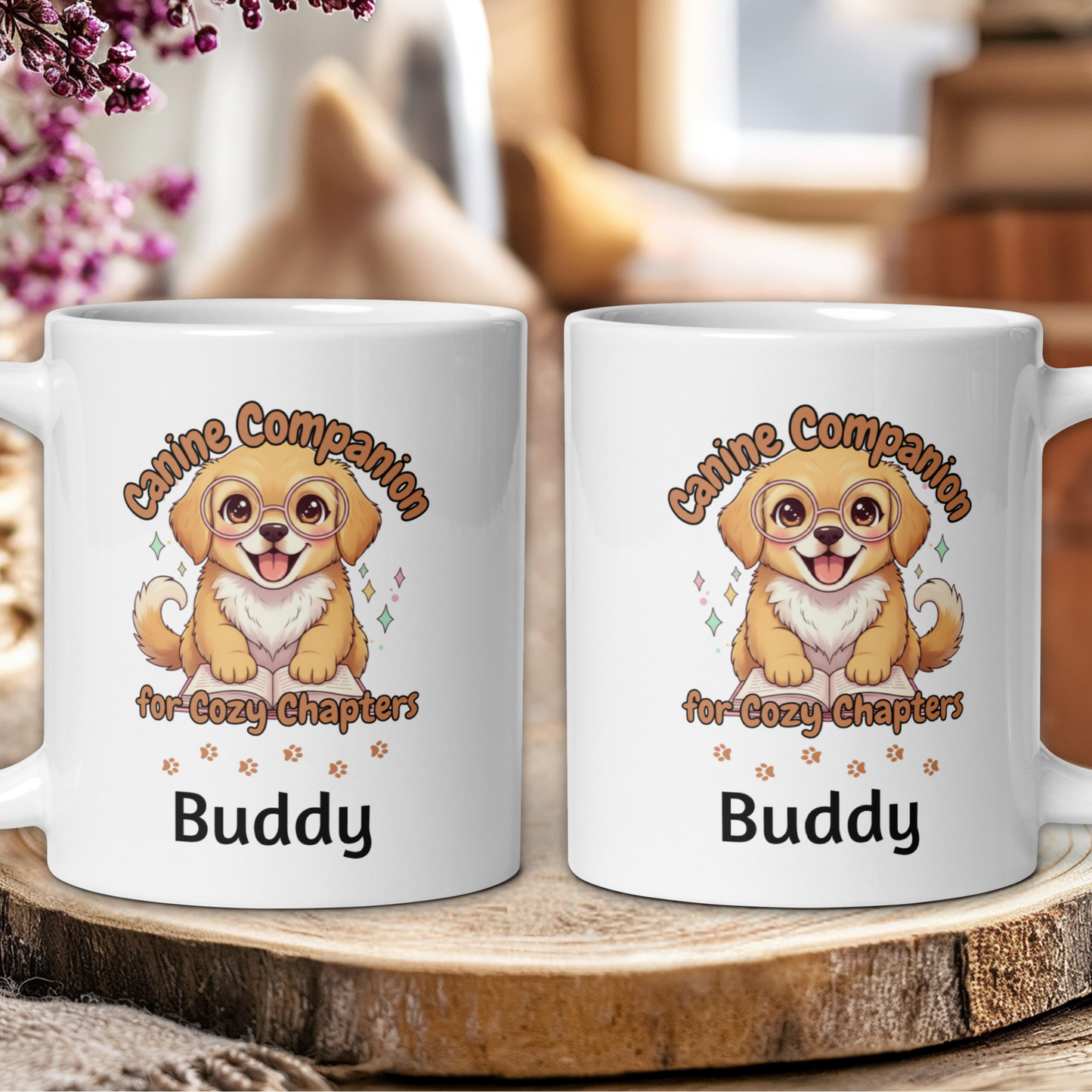 Two white mugs with a dog illustration and text on a wooden surface.