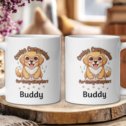 Two white mugs with a dog illustration and text on a wooden surface.