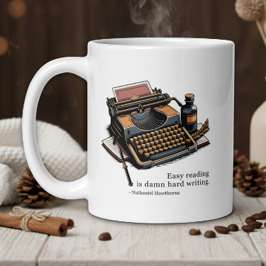 White mug with typewriter design and quote on a wooden table with coffee beans and a vase.