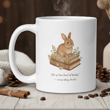 White mug with a rabbit illustration on books, surrounded by coffee beans and a vase with dried flowers.