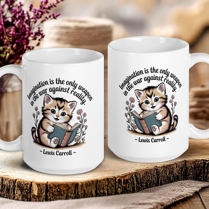 Two white mugs with cat illustrations and Lewis Carroll quotes on a wooden surface.