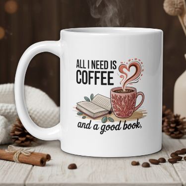 White mug with coffee and book design on a wooden table with coffee beans and a vase in the background.