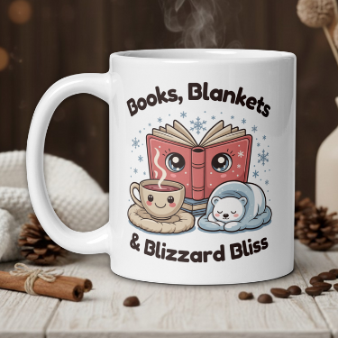 White mug with cartoon design featuring books, blankets, and a polar bear, with steam rising from it on a cozy background.