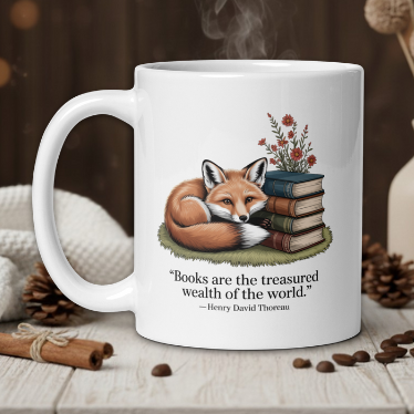 White mug with a fox and books design, steaming on a wooden table with decorative items.