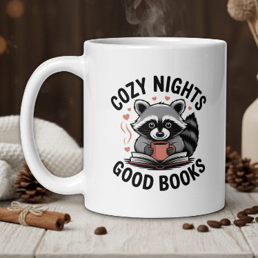 White mug with raccoon design and 'Cozy Nights, Good Books' text on a wooden table with coffee beans and a vase.