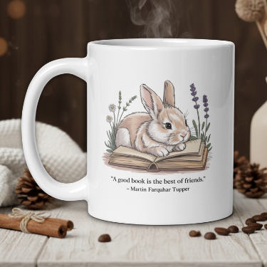 White mug with a rabbit illustration and quote on a wooden table with a warm background