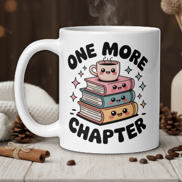 White mug with 'One More Chapter' design featuring books and a cup on a wooden table.