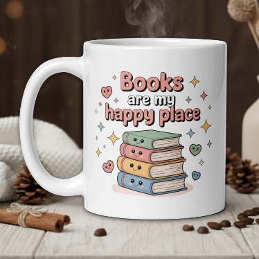 White mug with 'Books are my happy place' design on a wooden table with coffee beans and a vase in the background.