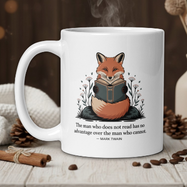 White mug with fox illustration and book, surrounded by coffee beans and a vase on a wooden table.
