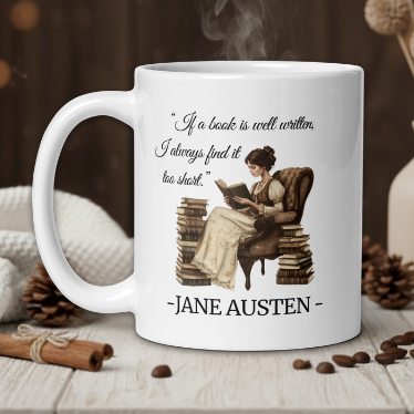 White mug with Jane Austen quote and illustration on a wooden table with decorative items.