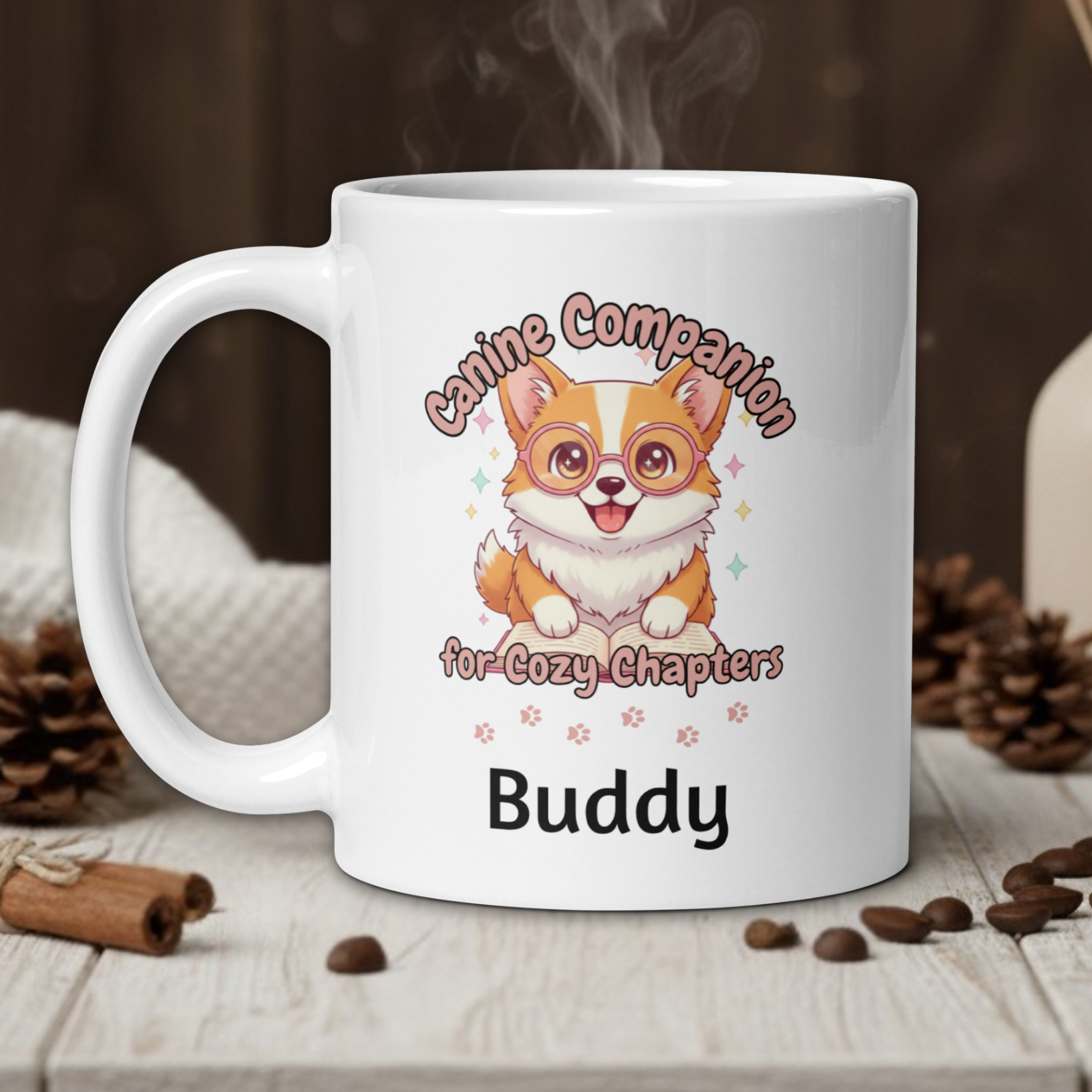 White mug with a dog illustration and text on a wooden table with coffee beans and a vase in the background.