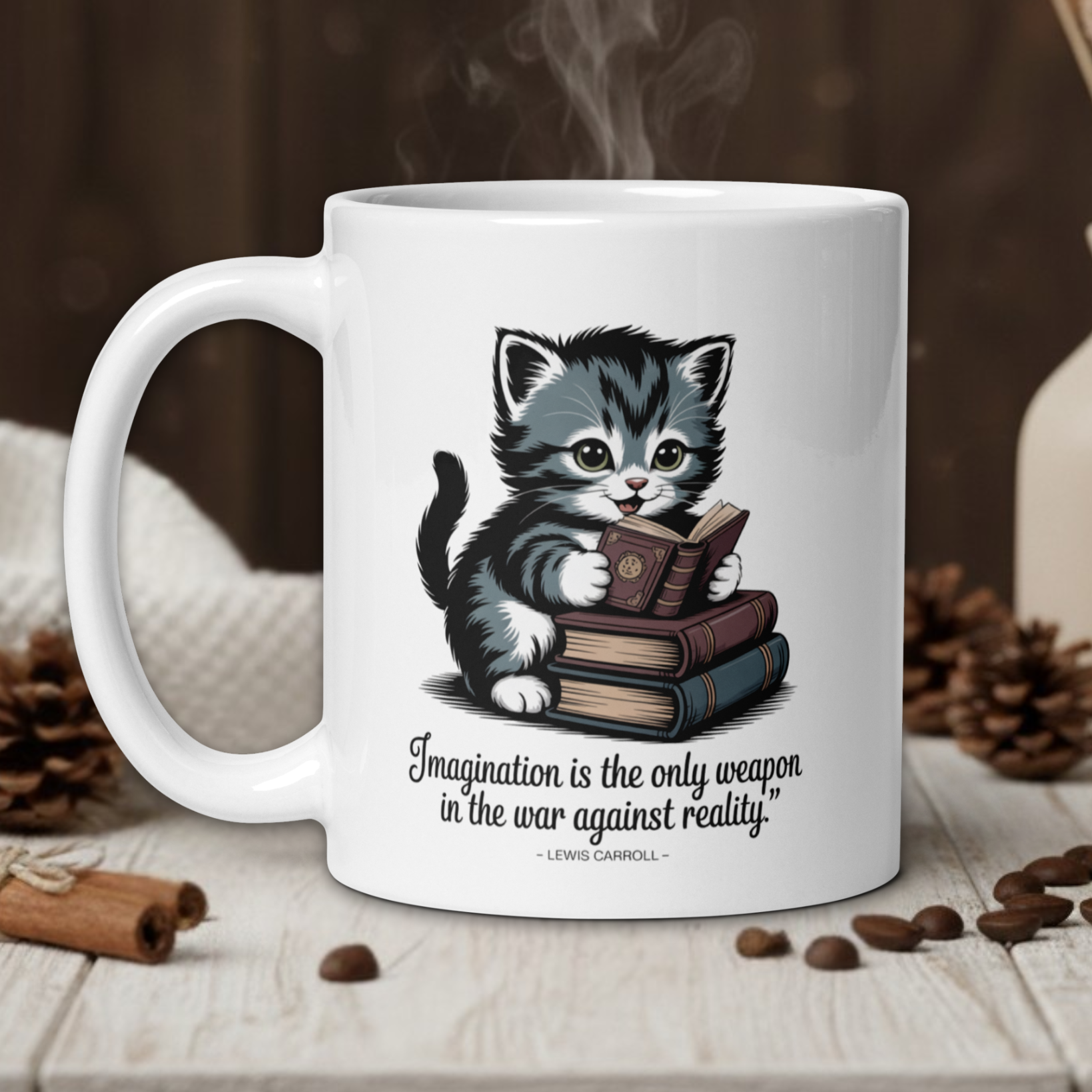 White mug with a kitten design and quote on a wooden table with coffee beans and a vase in the background.