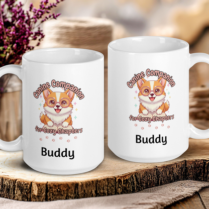 Two white mugs with a cartoon dog design on a wooden surface.