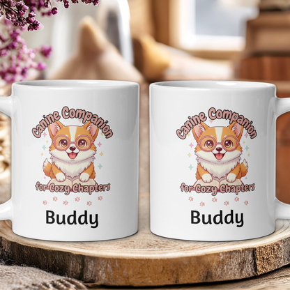 Two white mugs with a cartoon dog design and text on a wooden surface.