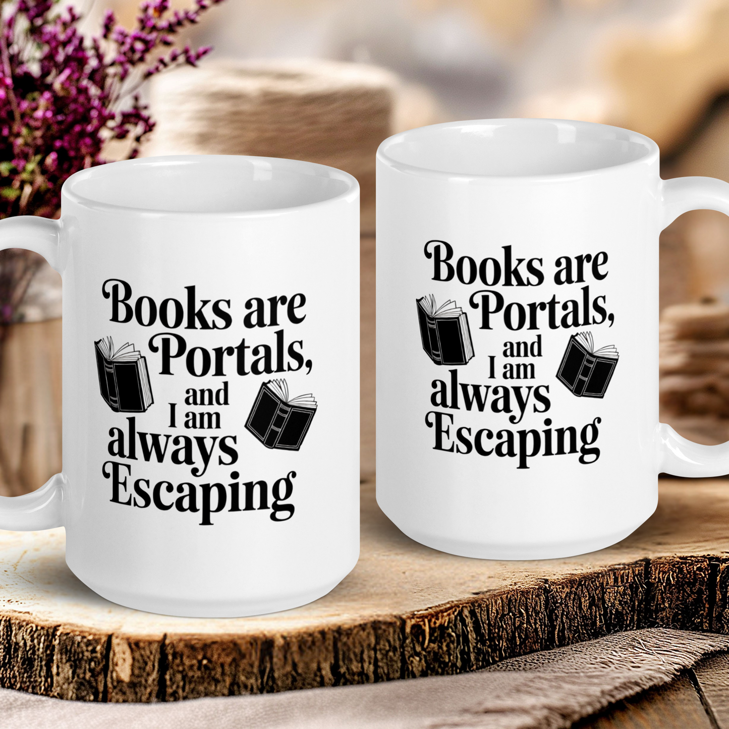 Two white mugs with book-themed text on a wooden surface.