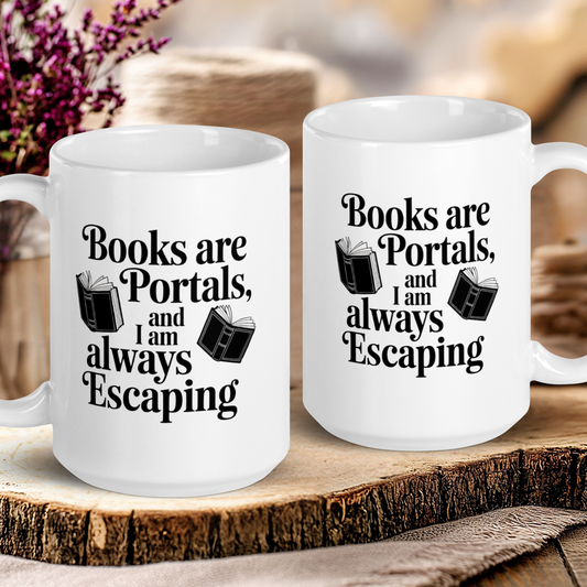 Two white mugs with book-themed text on a wooden surface.