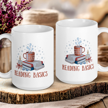 Two white mugs with 'Reading Basics' design on a wooden surface.