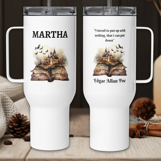 Two white tumblers with literary designs and text on a wooden surface.