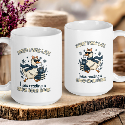 Two white mugs with a cartoon duck and humorous text on a wooden surface.