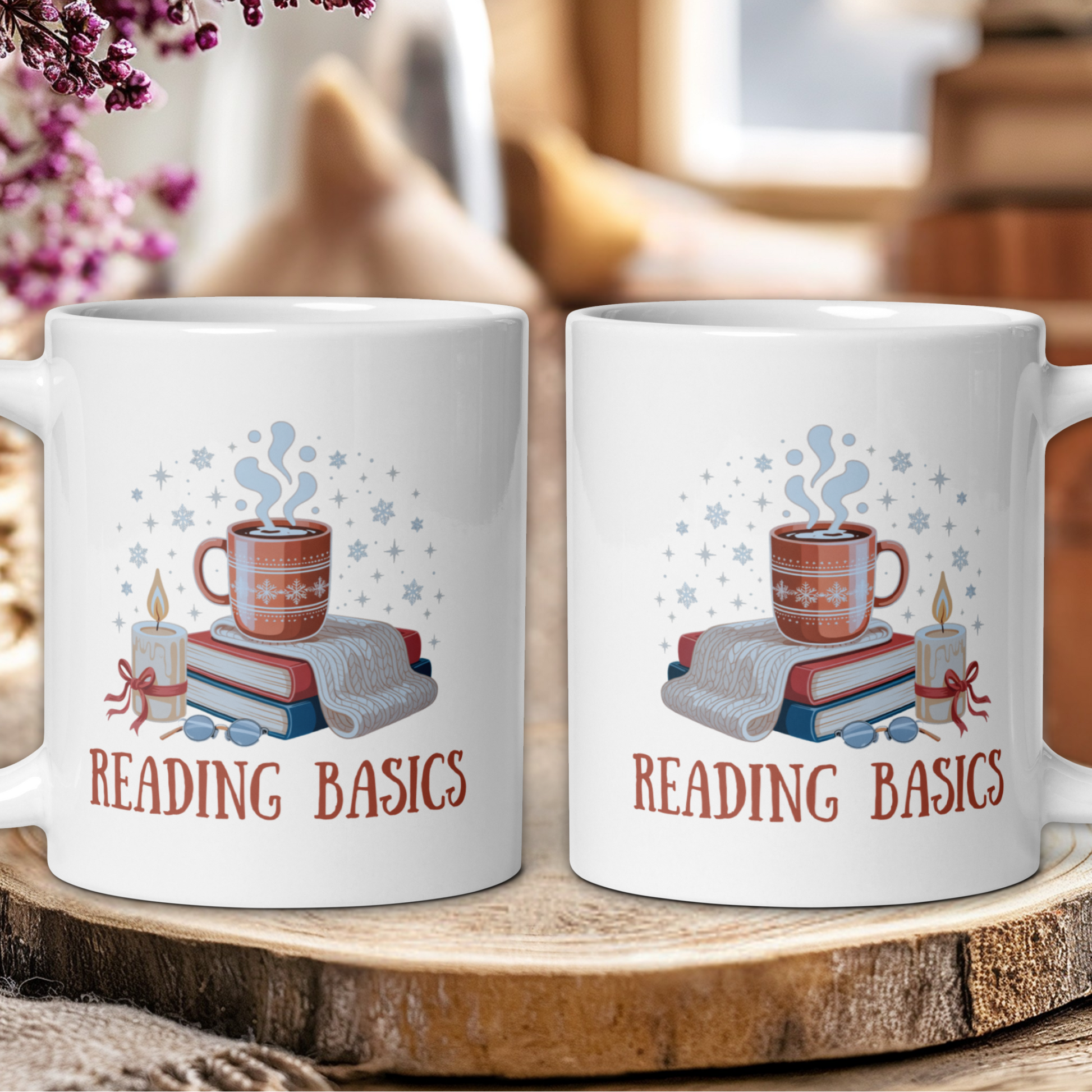 Two white mugs with 'Reading Basics' design on a wooden surface.