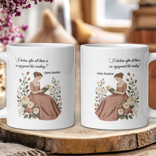 Two mugs with Jane Austen quote and illustration on a wooden surface with blurred background
