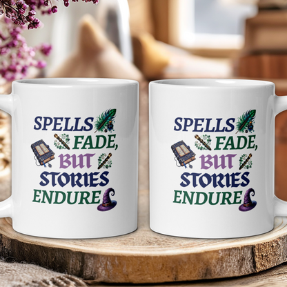 Two white mugs with a motivational quote on a wooden surface.