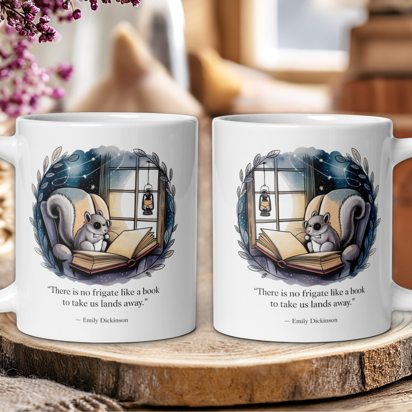 Two mugs with a squirrel illustration and book quote on a wooden surface.