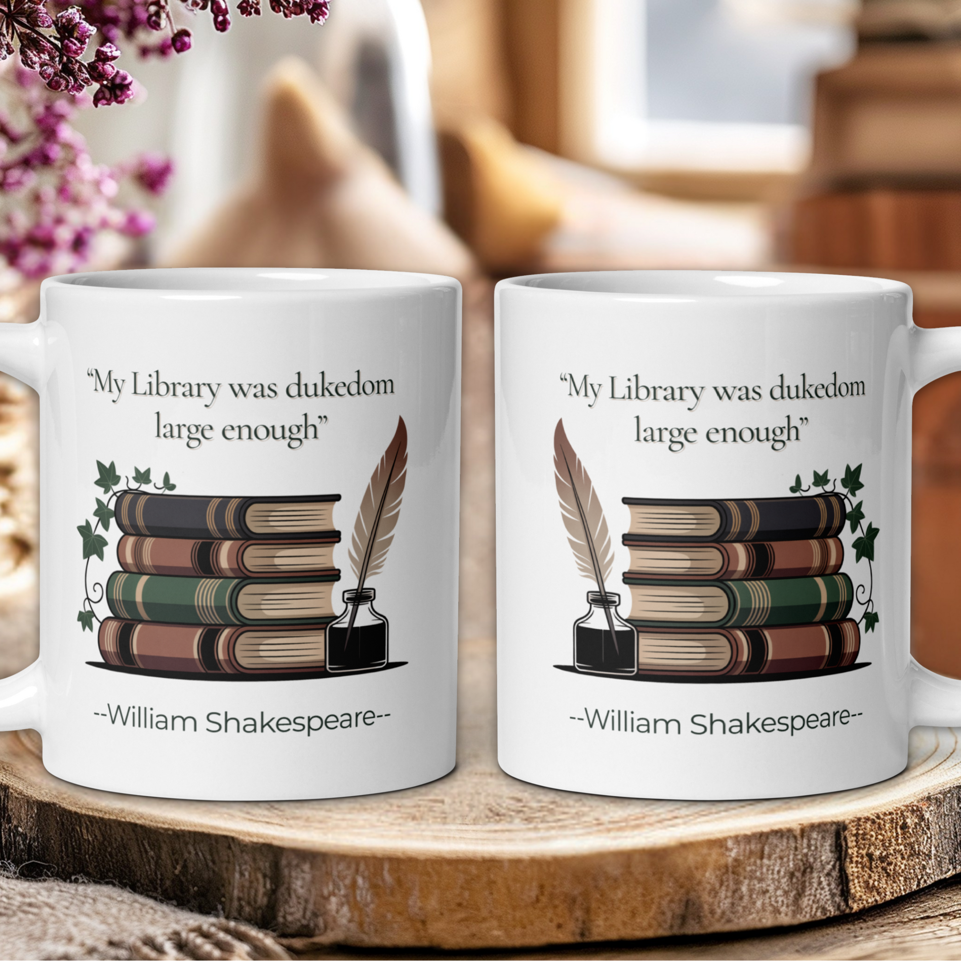 Two white mugs with Shakespeare quote and book design on a wooden surface.