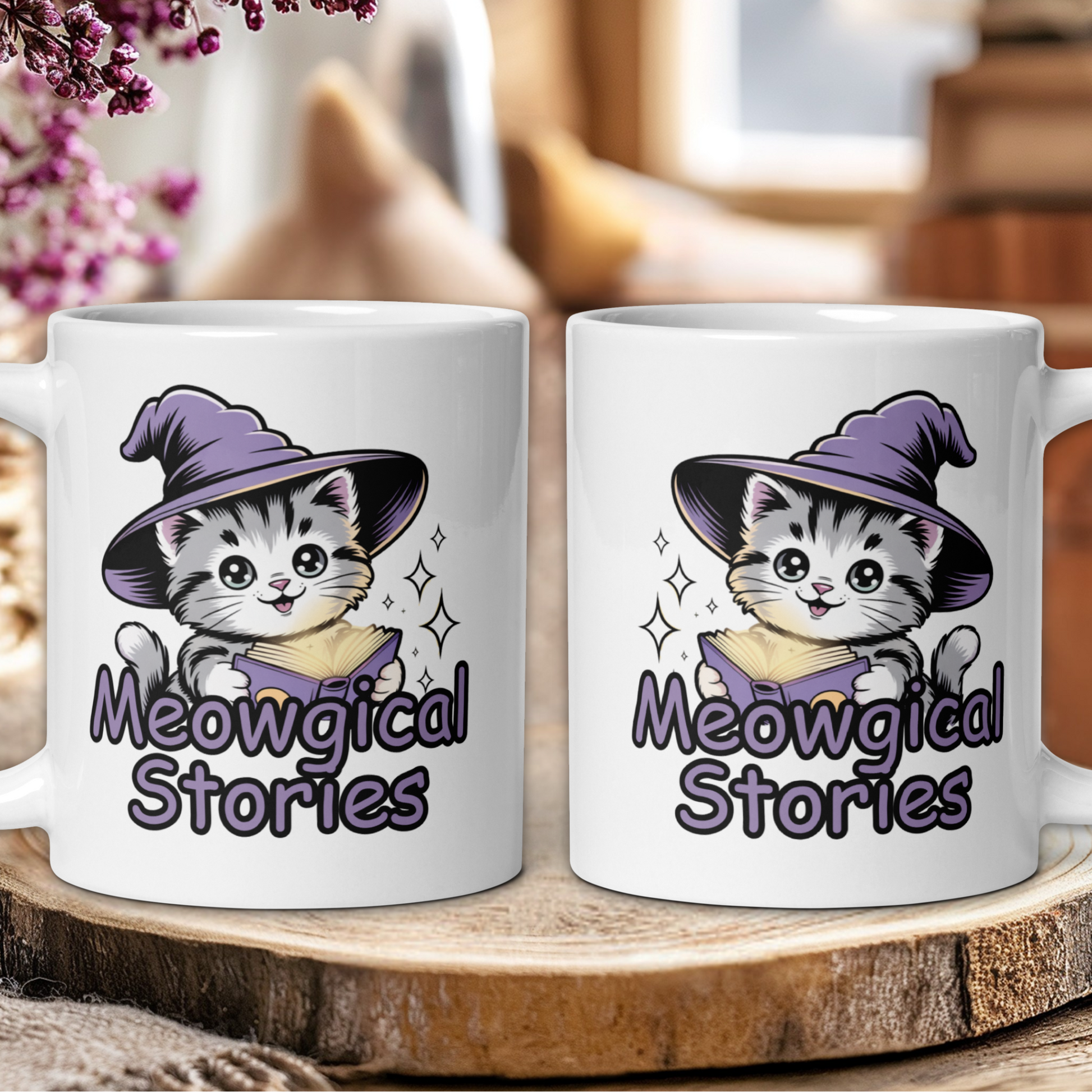Two white mugs with a cat wearing a witch hat and 'Meowgical Stories' text on a wooden surface.