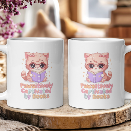 Two white mugs with a cat illustration and text 'Pawsitively Captivated by Books' on a wooden surface.